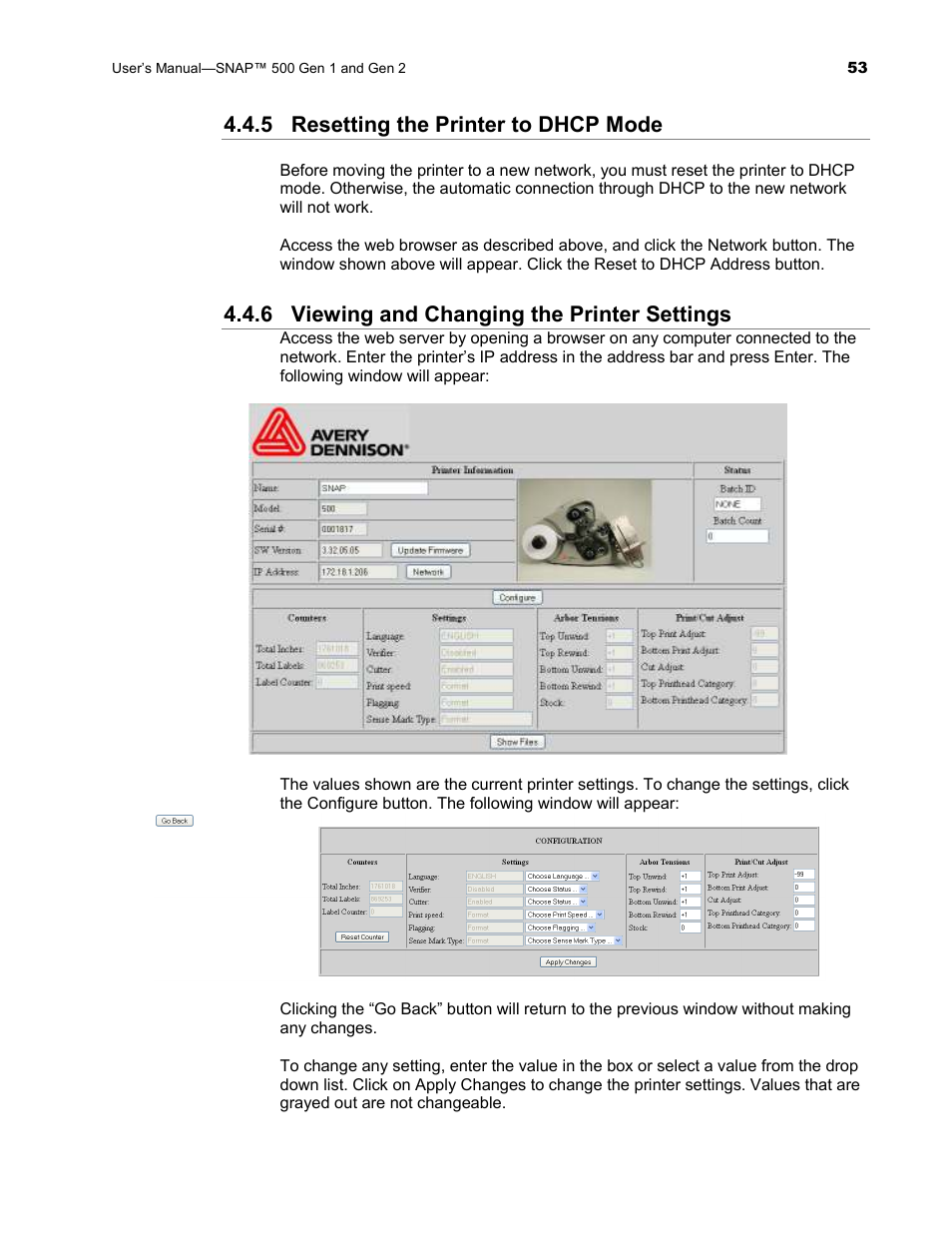 5 resetting the printer to dhcp mode, 6 viewing and changing the printer settings | Avery Dennison SNAP 500 User Manual | Page 53 / 136