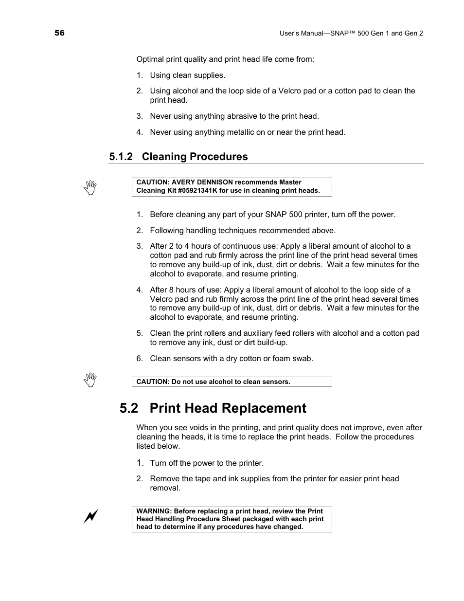 2 print head replacement | Avery Dennison SNAP 500 User Manual | Page 56 / 136