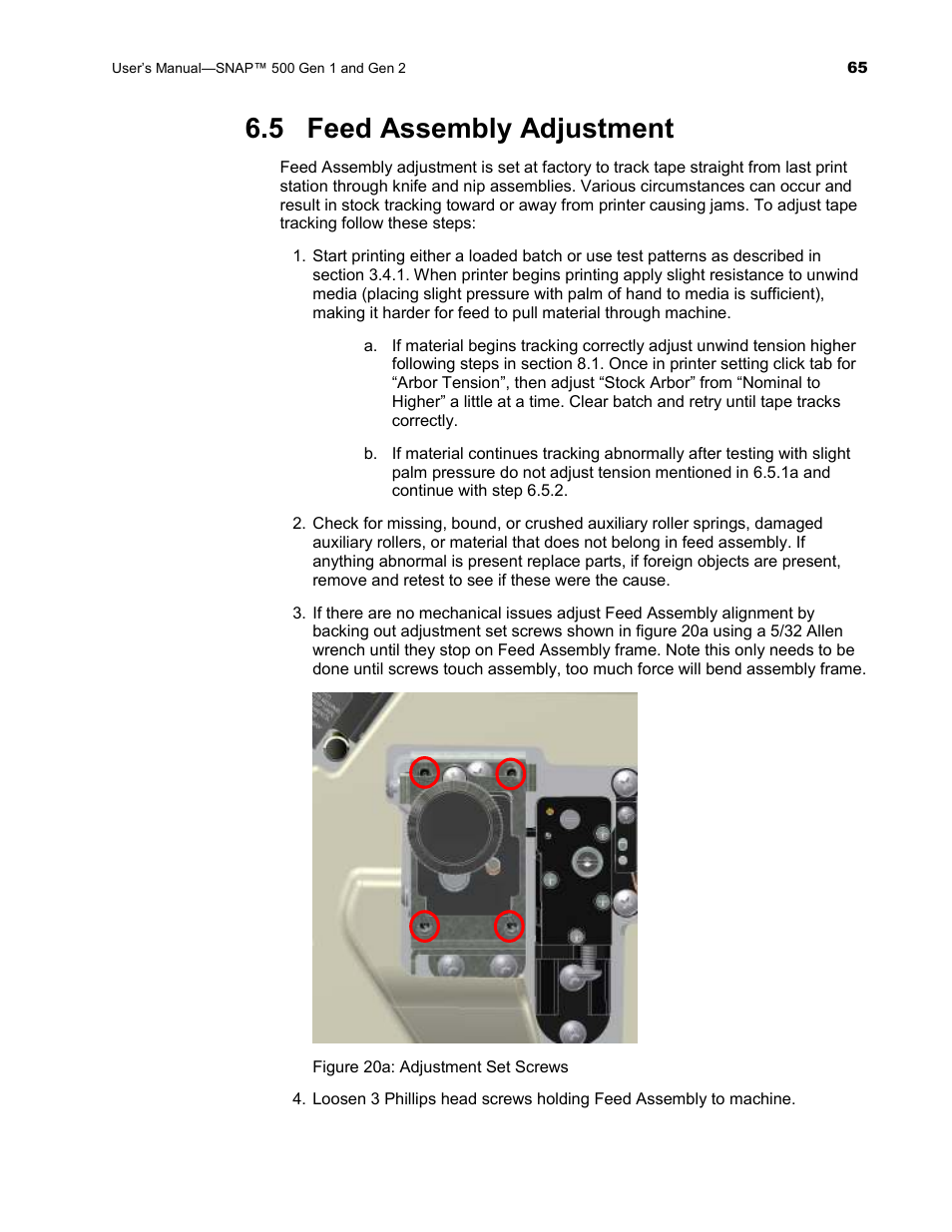 5 feed assembly adjustment | Avery Dennison SNAP 500 User Manual | Page 65 / 136