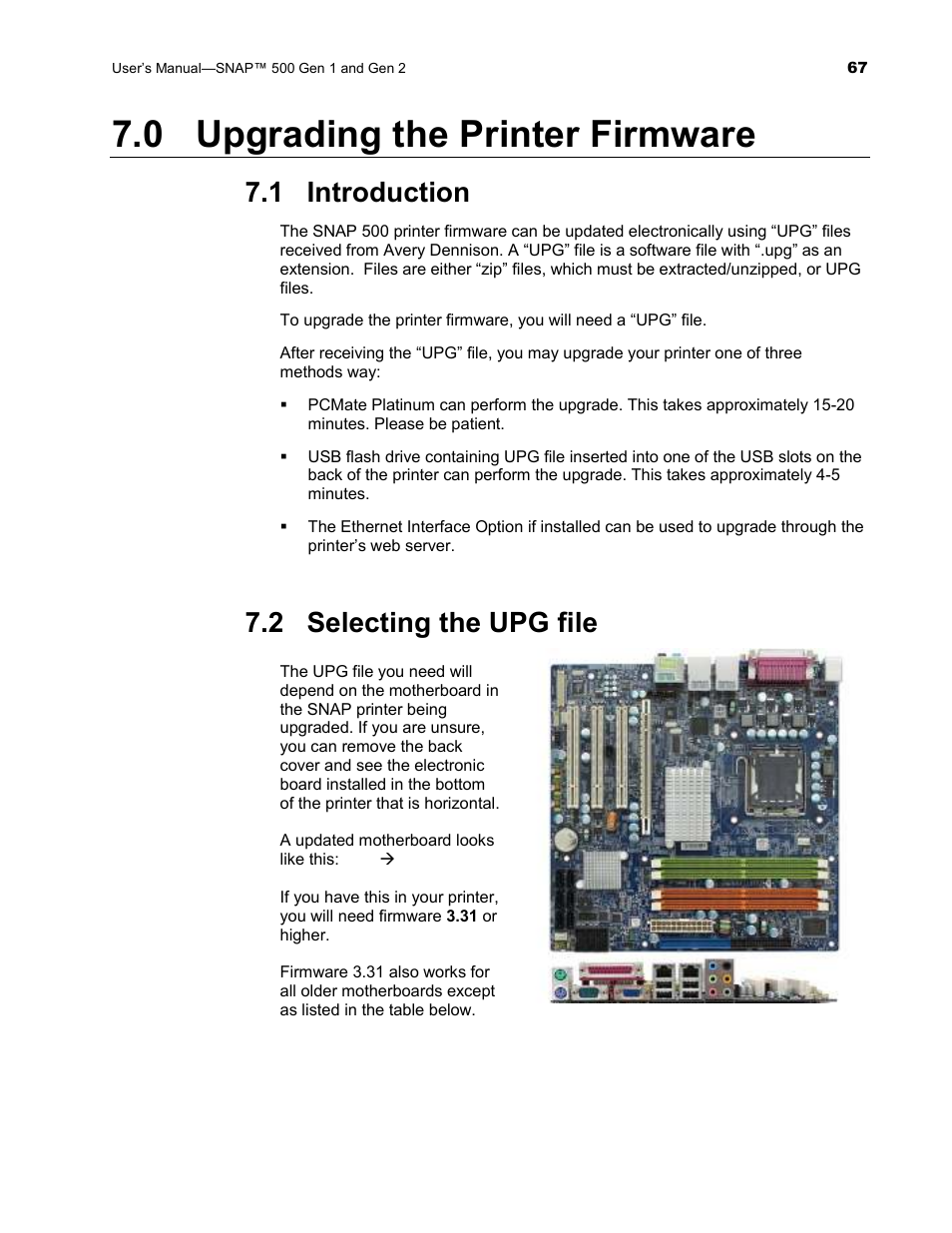 0 upgrading the printer firmware, 1 introduction, 2 selecting the upg file | Avery Dennison SNAP 500 User Manual | Page 67 / 136