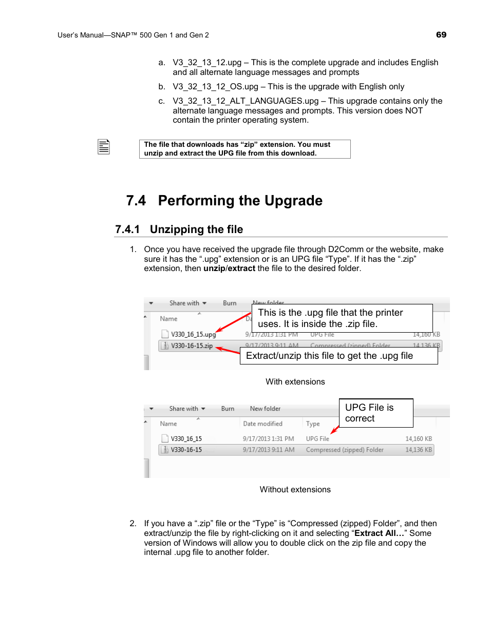 4 performing the upgrade, 1 unzipping the file | Avery Dennison SNAP 500 User Manual | Page 69 / 136