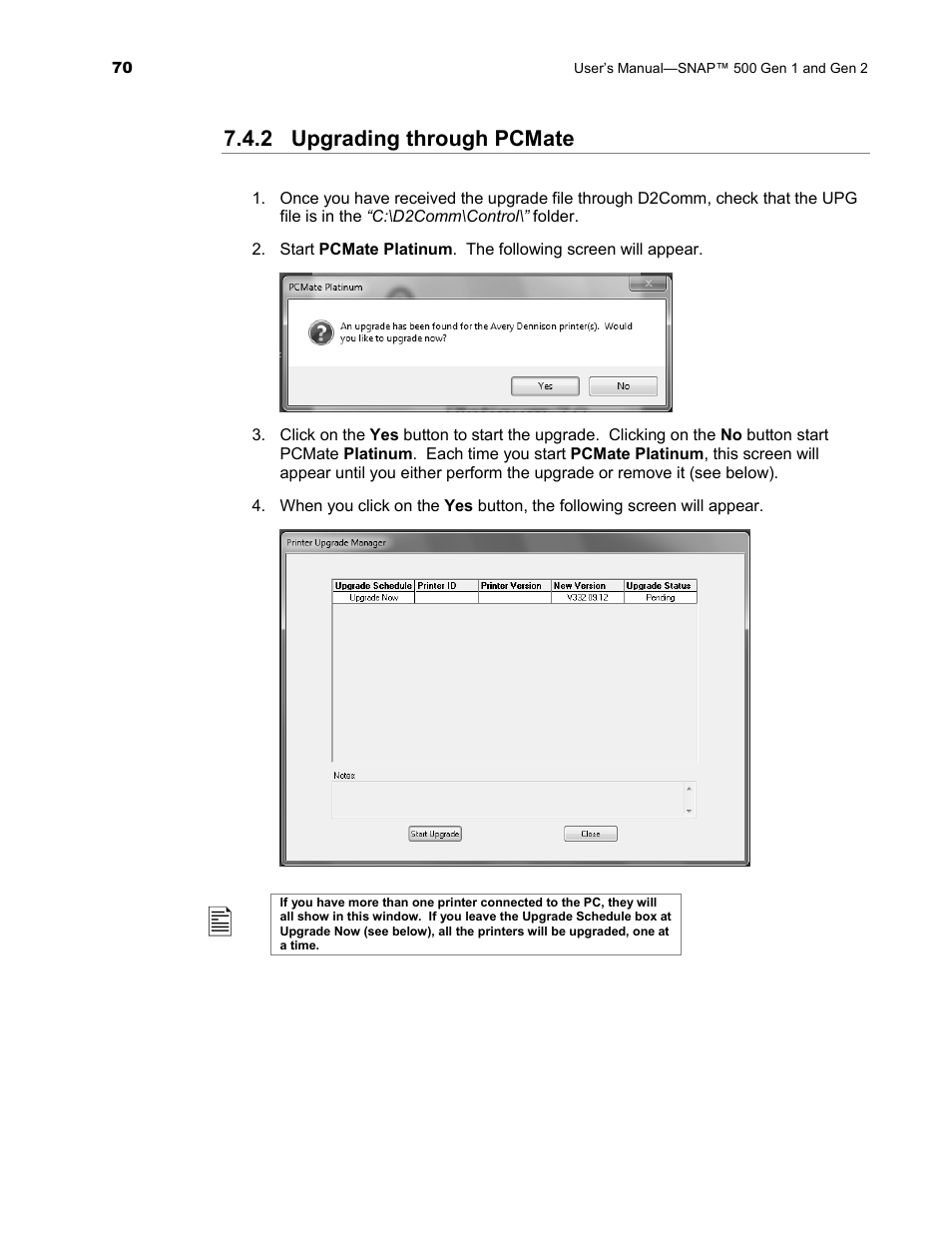 2 upgrading through pcmate | Avery Dennison SNAP 500 User Manual | Page 70 / 136