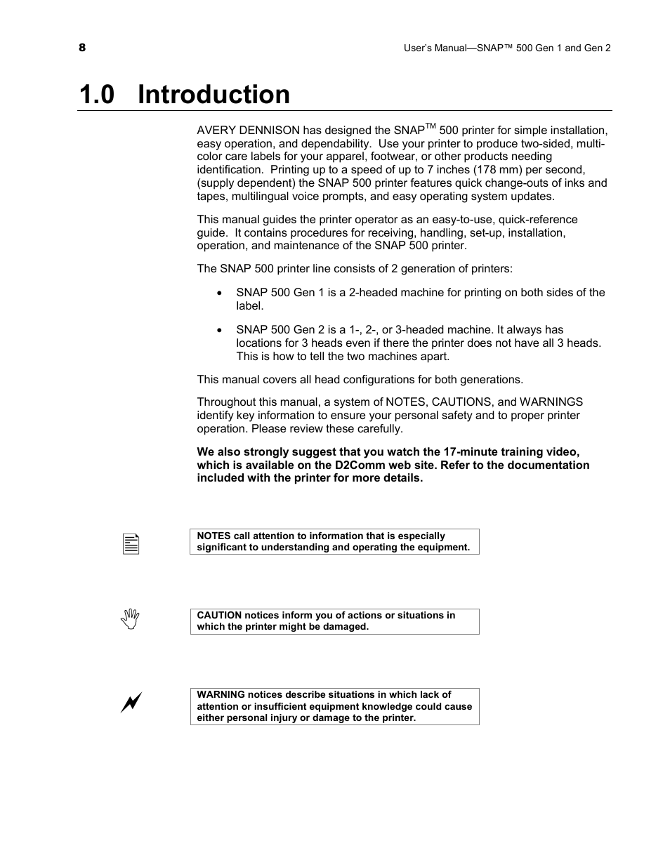 0 introduction | Avery Dennison SNAP 500 User Manual | Page 8 / 136