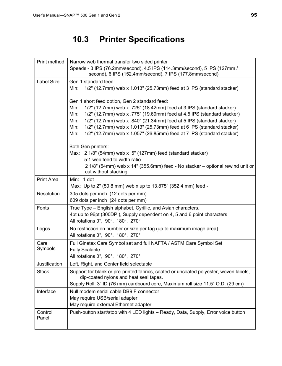 3 printer specifications | Avery Dennison SNAP 500 User Manual | Page 95 / 136
