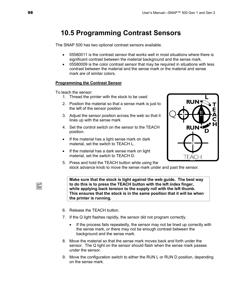 5 programming contrast sensors | Avery Dennison SNAP 500 User Manual | Page 98 / 136