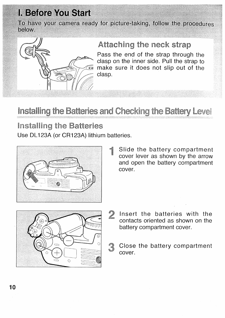 I. before you start, Attaching the neck strap, Installing the batteries | Canon 500N QD User Manual | Page 10 / 17