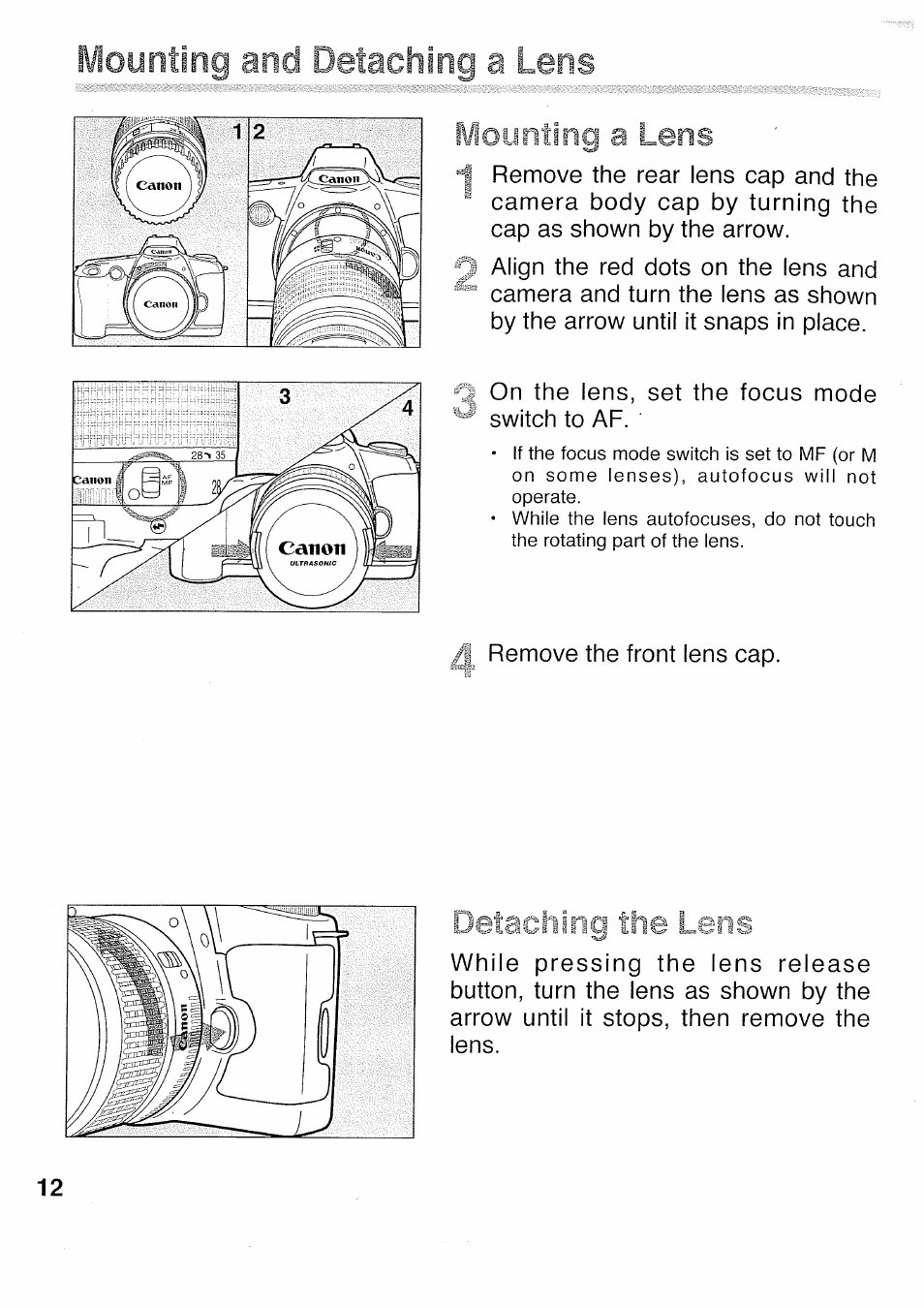 Mounting and detaching a lens wounting a leos, Lens, Detaching the | Canon 500N QD User Manual | Page 12 / 17