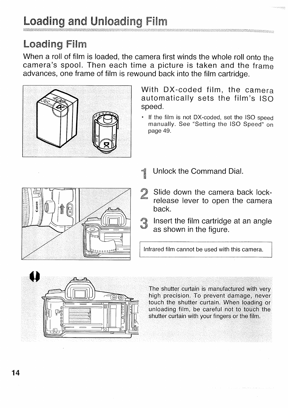 Loading and unloading film, Loading film | Canon 500N QD User Manual | Page 14 / 17