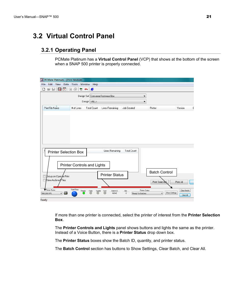 2 virtual control panel, 1 operating panel | Avery Dennison SNAP 500 Operator Guide User Manual | Page 21 / 34