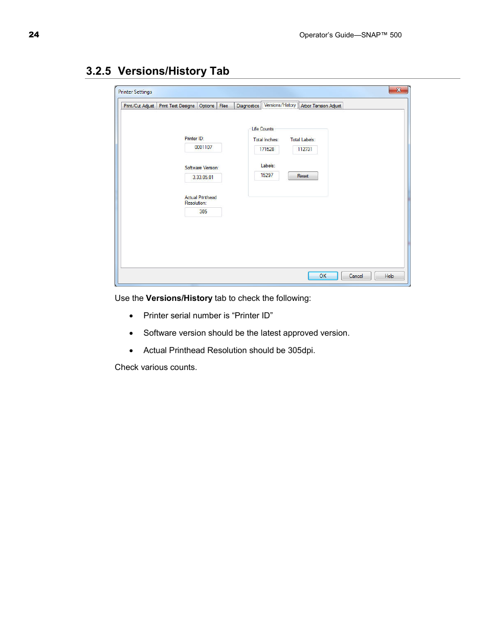5 versions/history tab | Avery Dennison SNAP 500 Operator Guide User Manual | Page 24 / 34