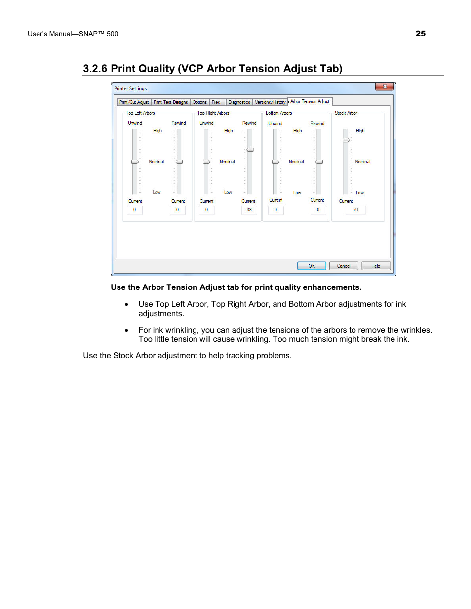 6 print quality (vcp arbor tension adjust tab) | Avery Dennison SNAP 500 Operator Guide User Manual | Page 25 / 34