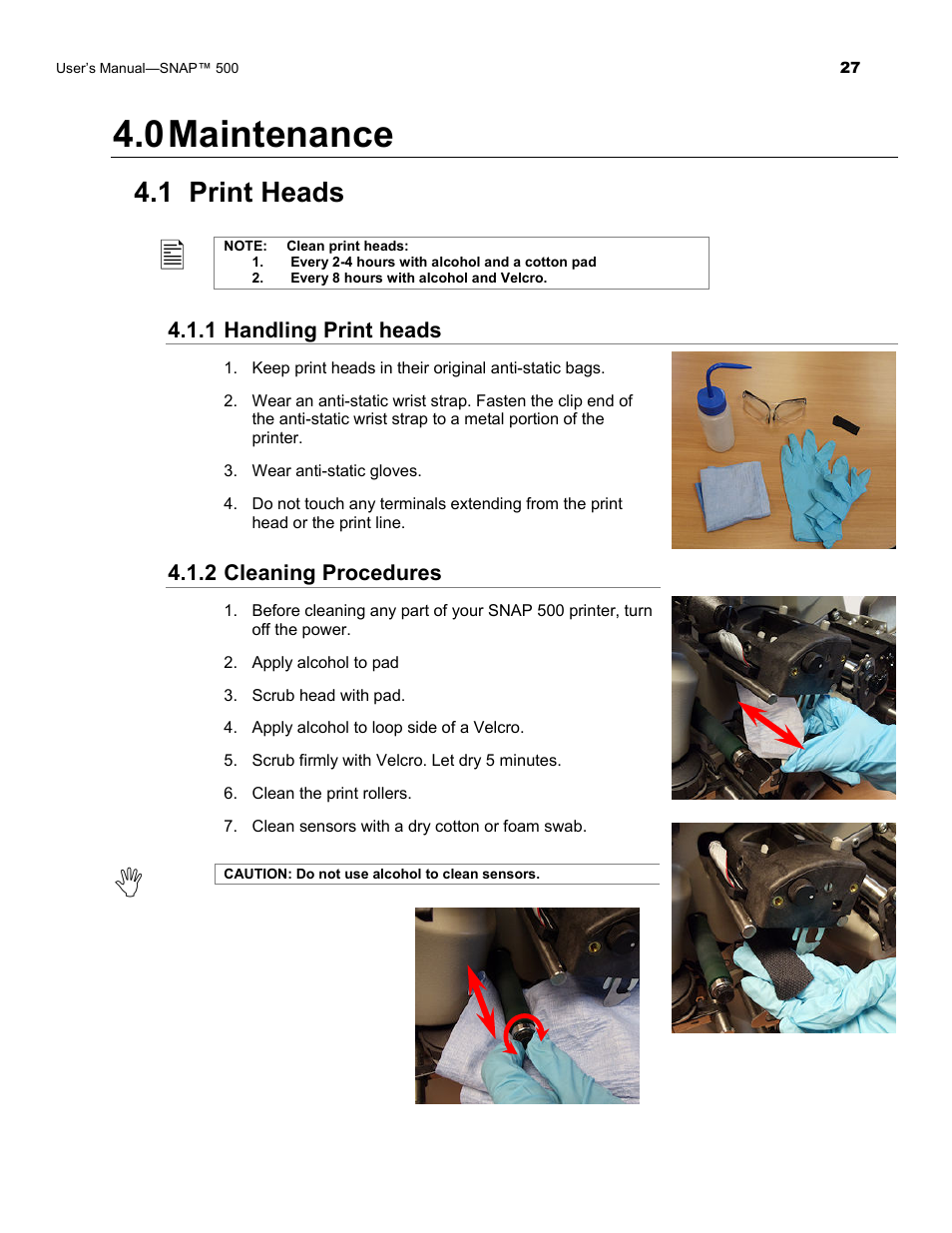 0 maintenance, 1 print heads | Avery Dennison SNAP 500 Operator Guide User Manual | Page 27 / 34