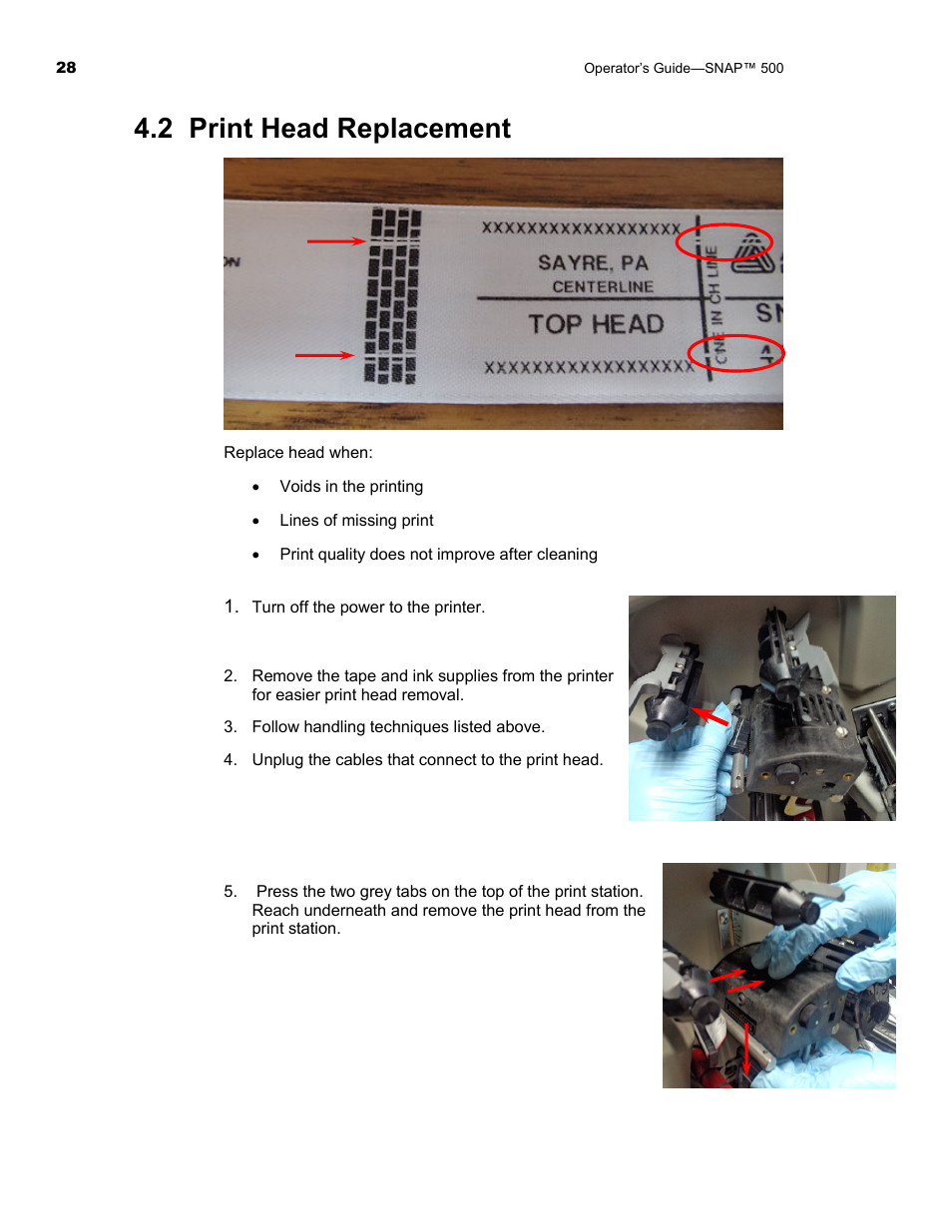 2 print head replacement | Avery Dennison SNAP 500 Operator Guide User Manual | Page 28 / 34