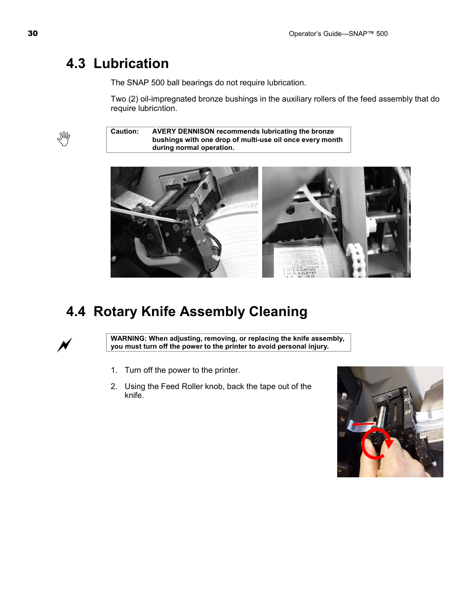 3 lubrication, 4 rotary knife assembly cleaning | Avery Dennison SNAP 500 Operator Guide User Manual | Page 30 / 34
