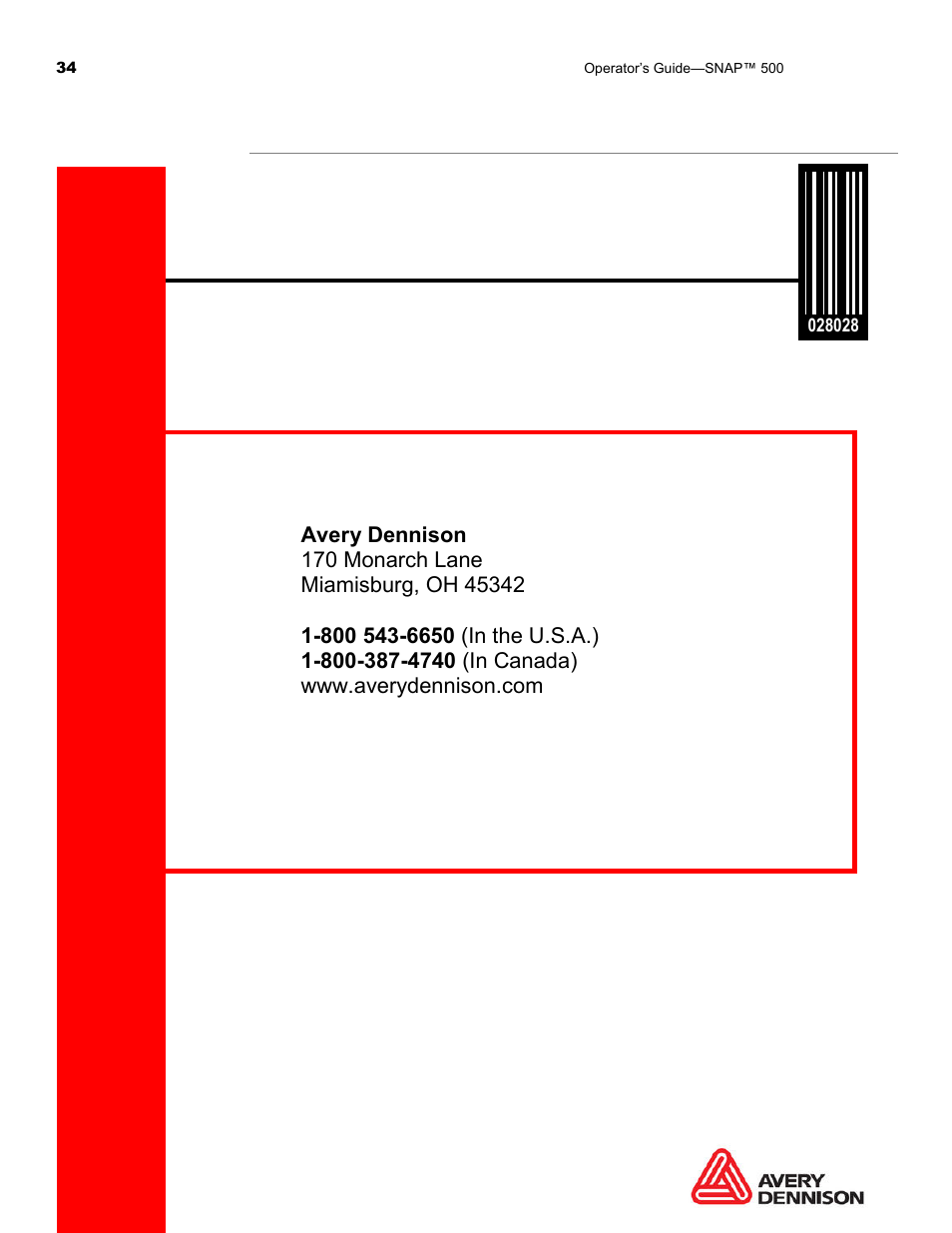 Avery Dennison SNAP 500 Operator Guide User Manual | Page 34 / 34