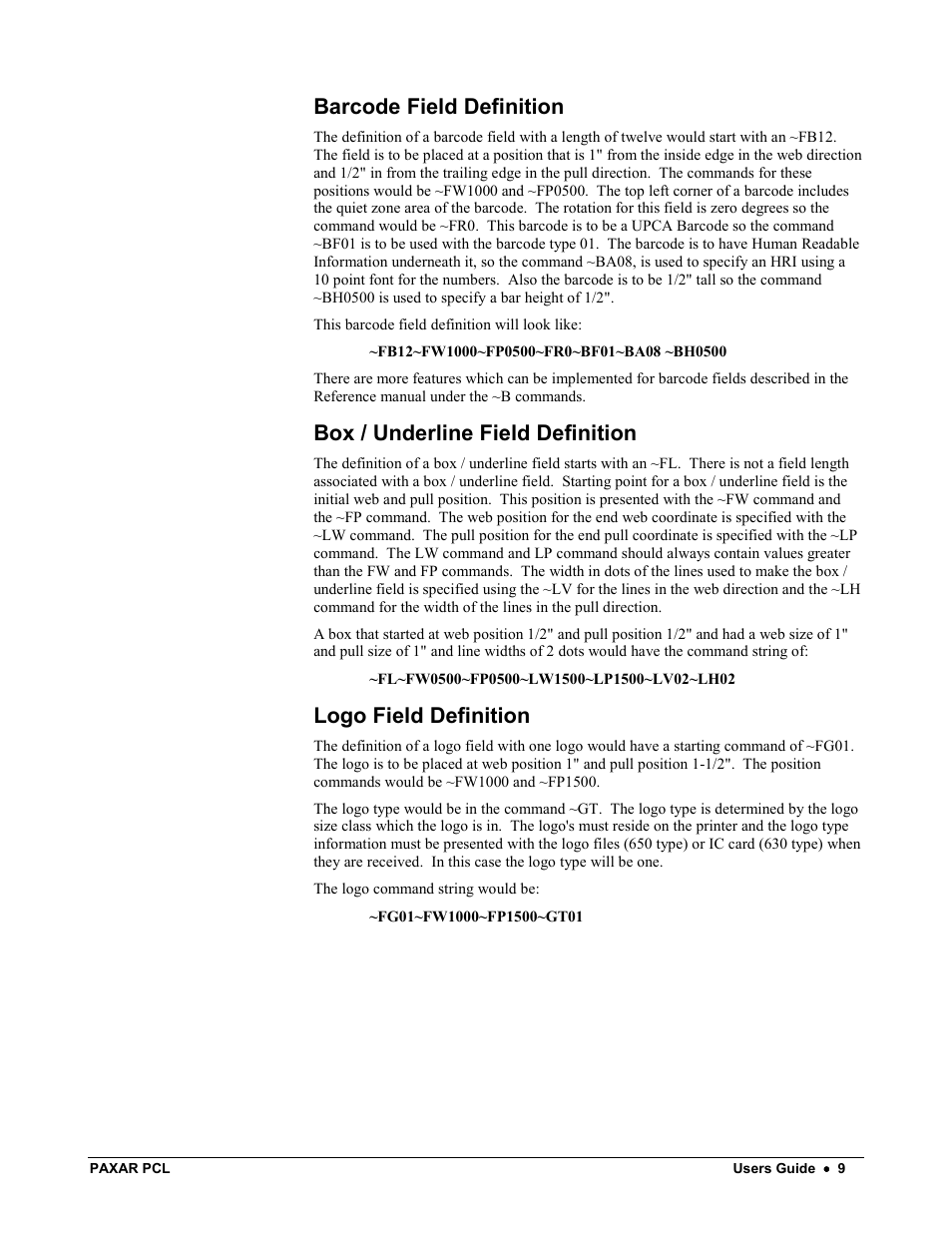 Barcode field definition, Box / underline field definition, Logo field definition | Avery Dennison PCL User Manual | Page 11 / 93