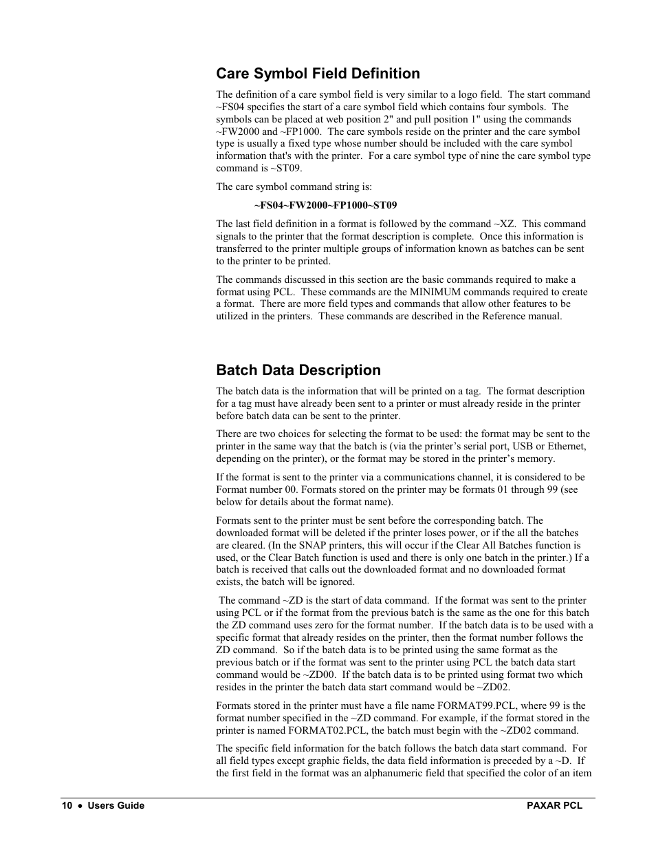 Care symbol field definition, Batch data description | Avery Dennison PCL User Manual | Page 12 / 93