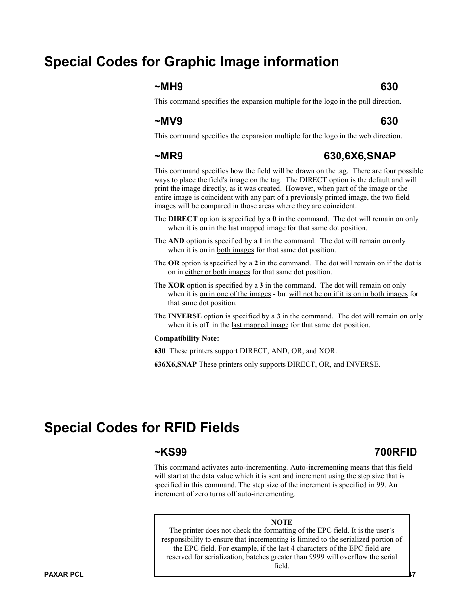 Special codes for graphic image information, Special codes for rfid fields | Avery Dennison PCL User Manual | Page 49 / 93