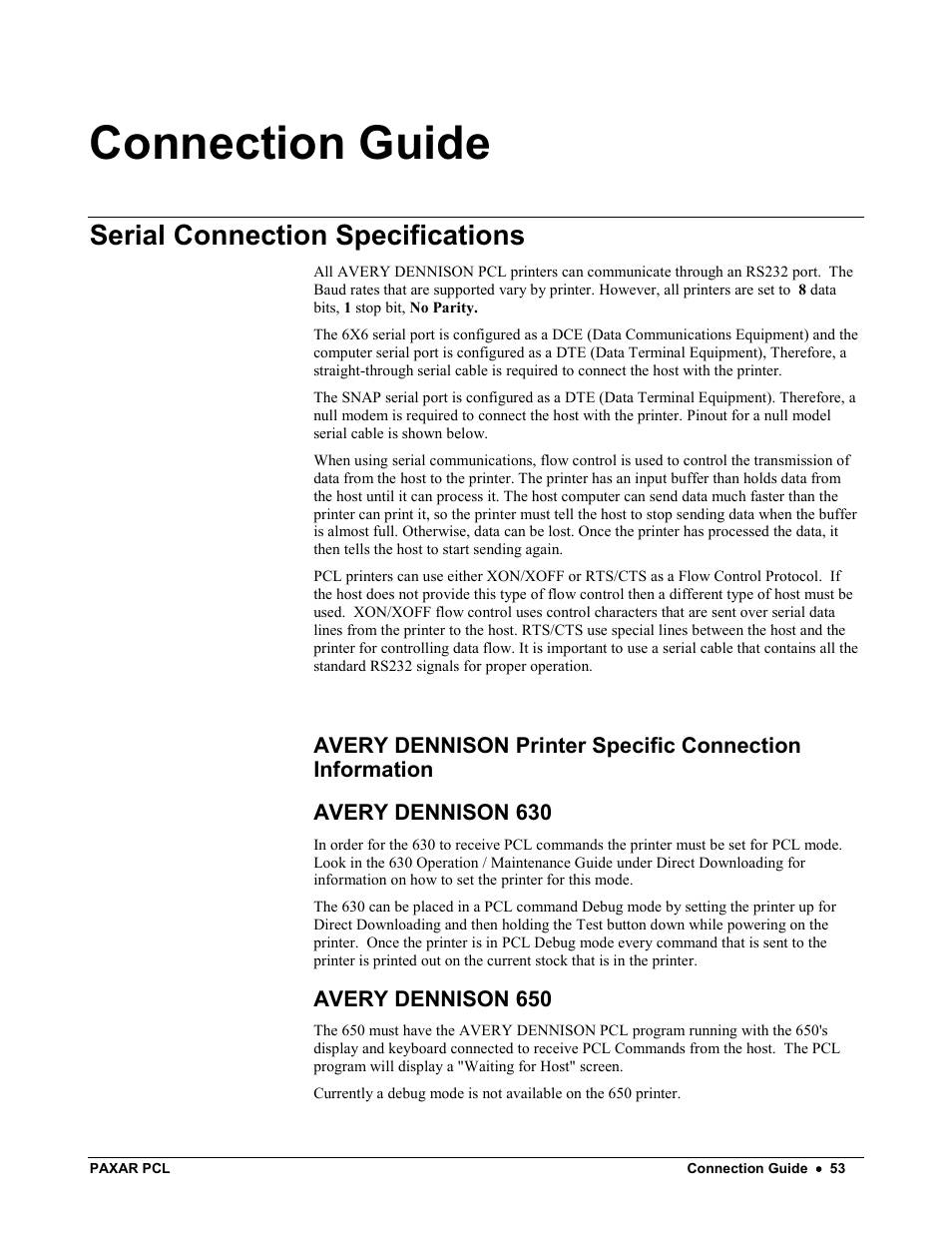 Connection guide, Serial connection specifications | Avery Dennison PCL User Manual | Page 55 / 93