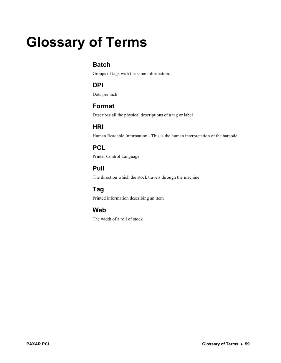 Glossary of terms | Avery Dennison PCL User Manual | Page 61 / 93
