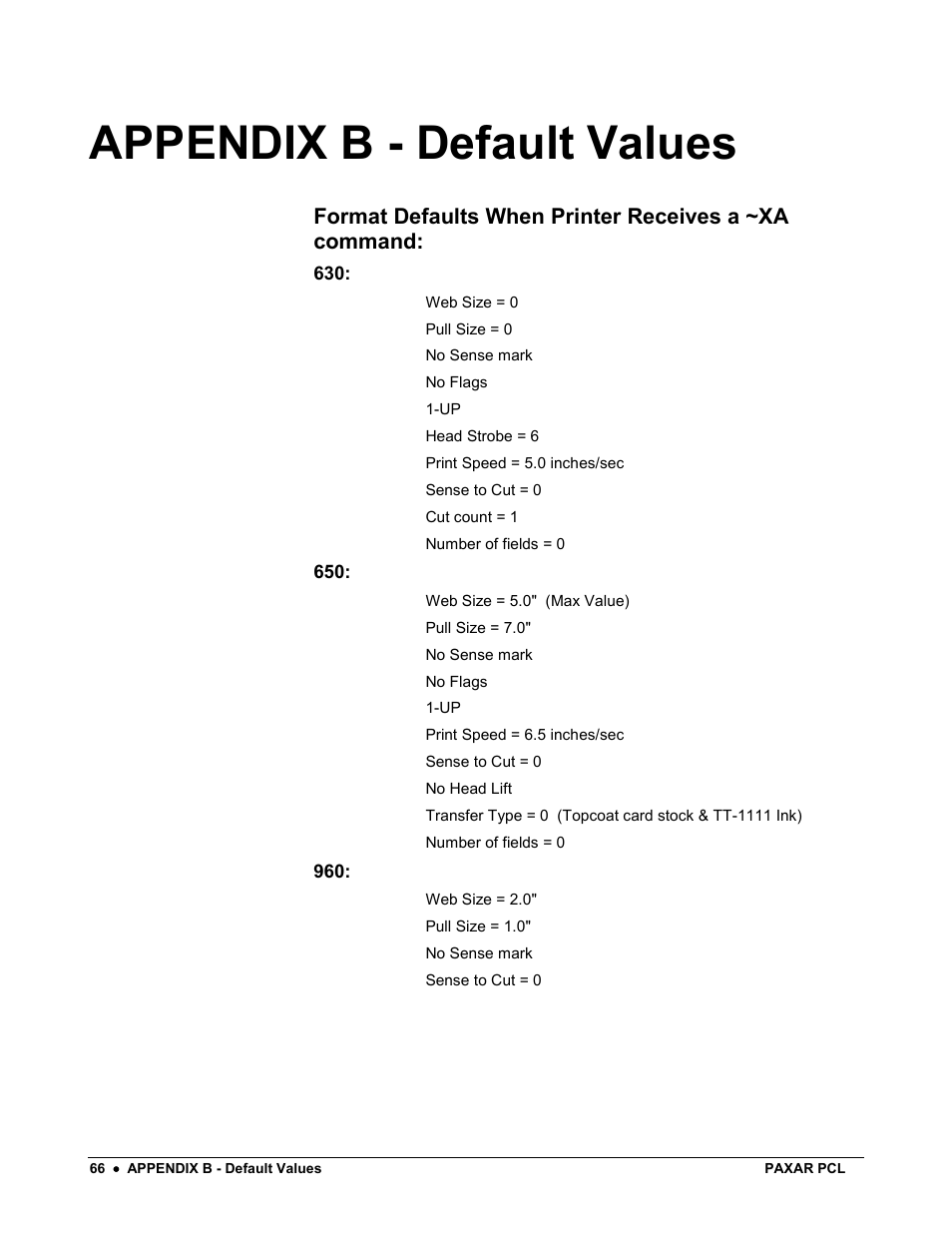 Appendix b - default values | Avery Dennison PCL User Manual | Page 68 / 93