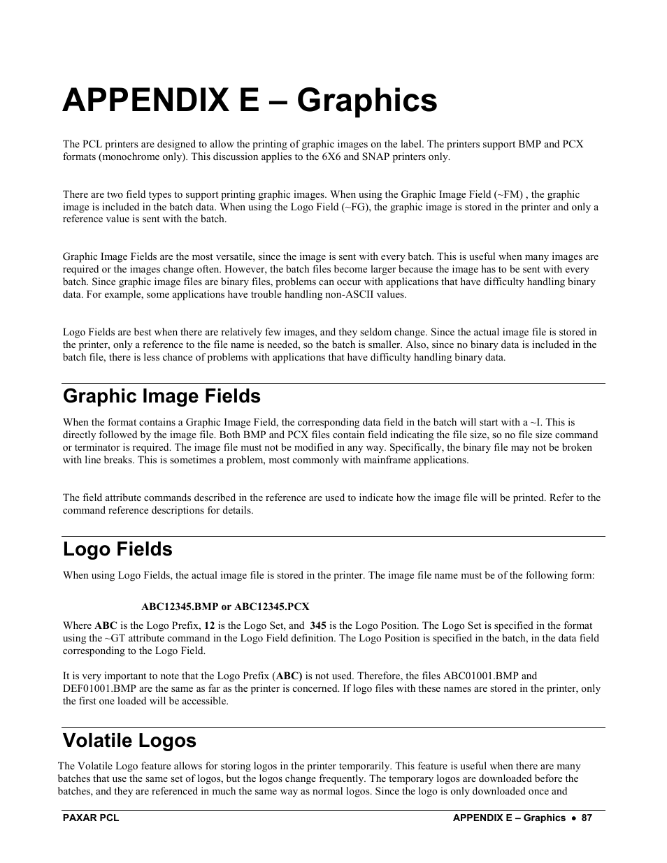 Appendix e – graphics, Graphic image fields, Logo fields | Volatile logos | Avery Dennison PCL User Manual | Page 89 / 93