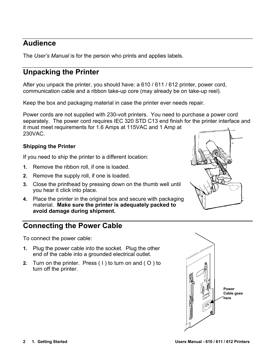 Audience, Unpacking the printer, Connecting the power cable | Avery Dennison SNAP 611 User Manual | Page 10 / 108