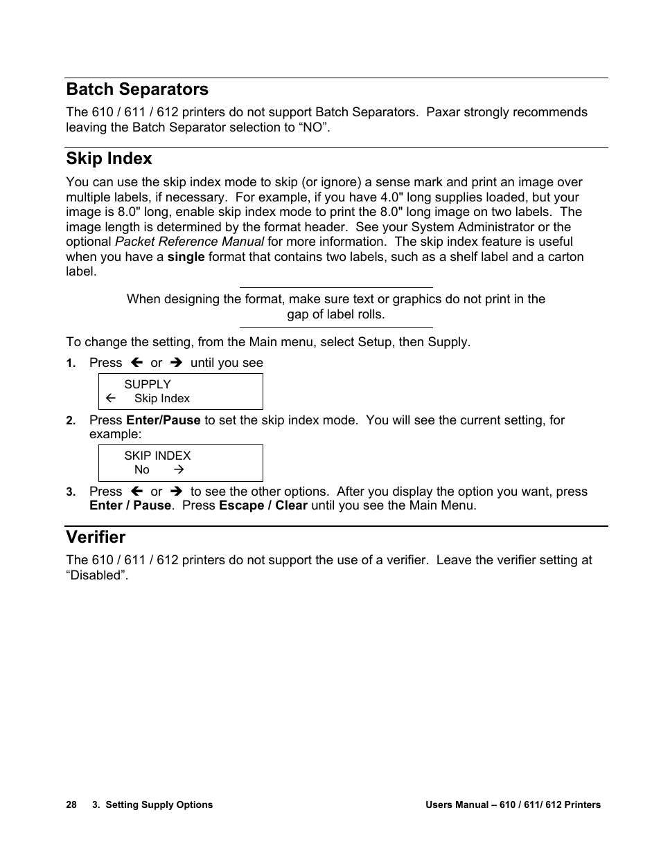 Batch separators, Skip index, Verifier | Avery Dennison SNAP 611 User Manual | Page 36 / 108
