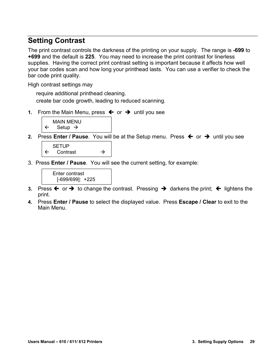 Setting contrast | Avery Dennison SNAP 611 User Manual | Page 37 / 108