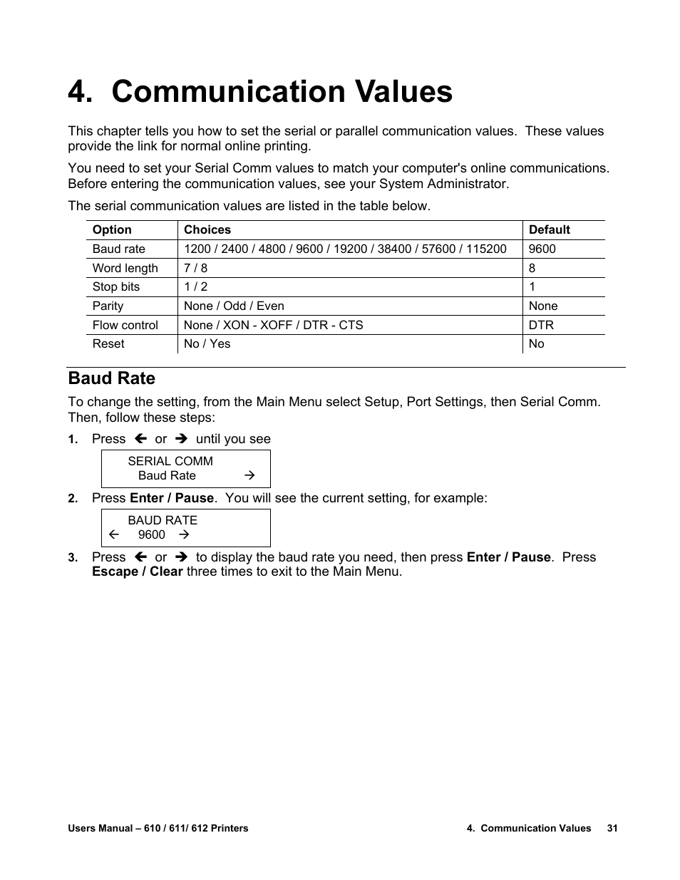 Communication values, Baud rate | Avery Dennison SNAP 611 User Manual | Page 39 / 108