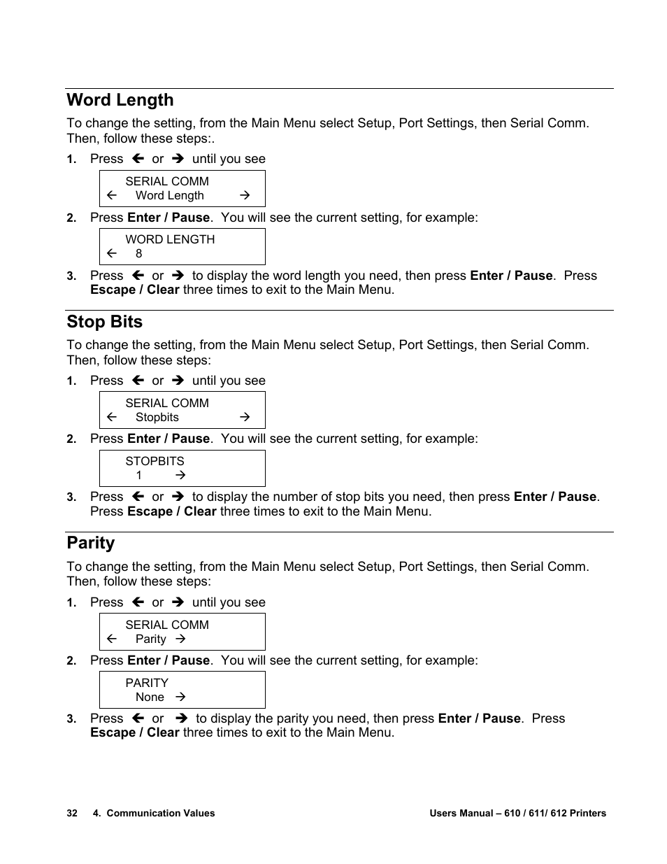 Word length, Stop bits, Parity | Avery Dennison SNAP 611 User Manual | Page 40 / 108