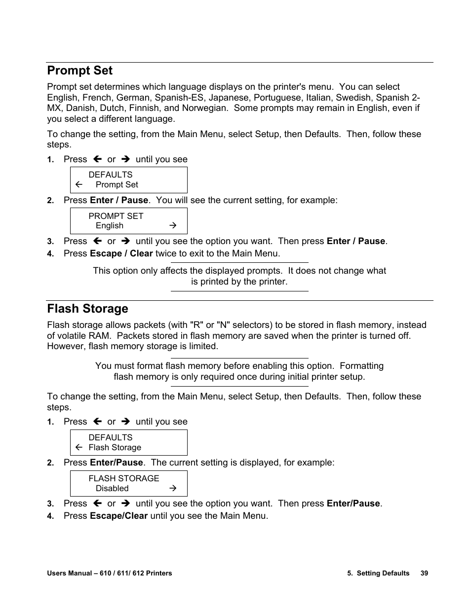 Prompt set, Flash storage | Avery Dennison SNAP 611 User Manual | Page 47 / 108
