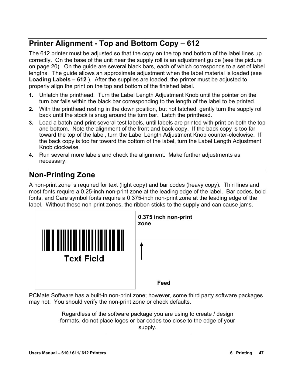 Printer alignment - top and bottom copy – 612, Non-printing zone | Avery Dennison SNAP 611 User Manual | Page 55 / 108