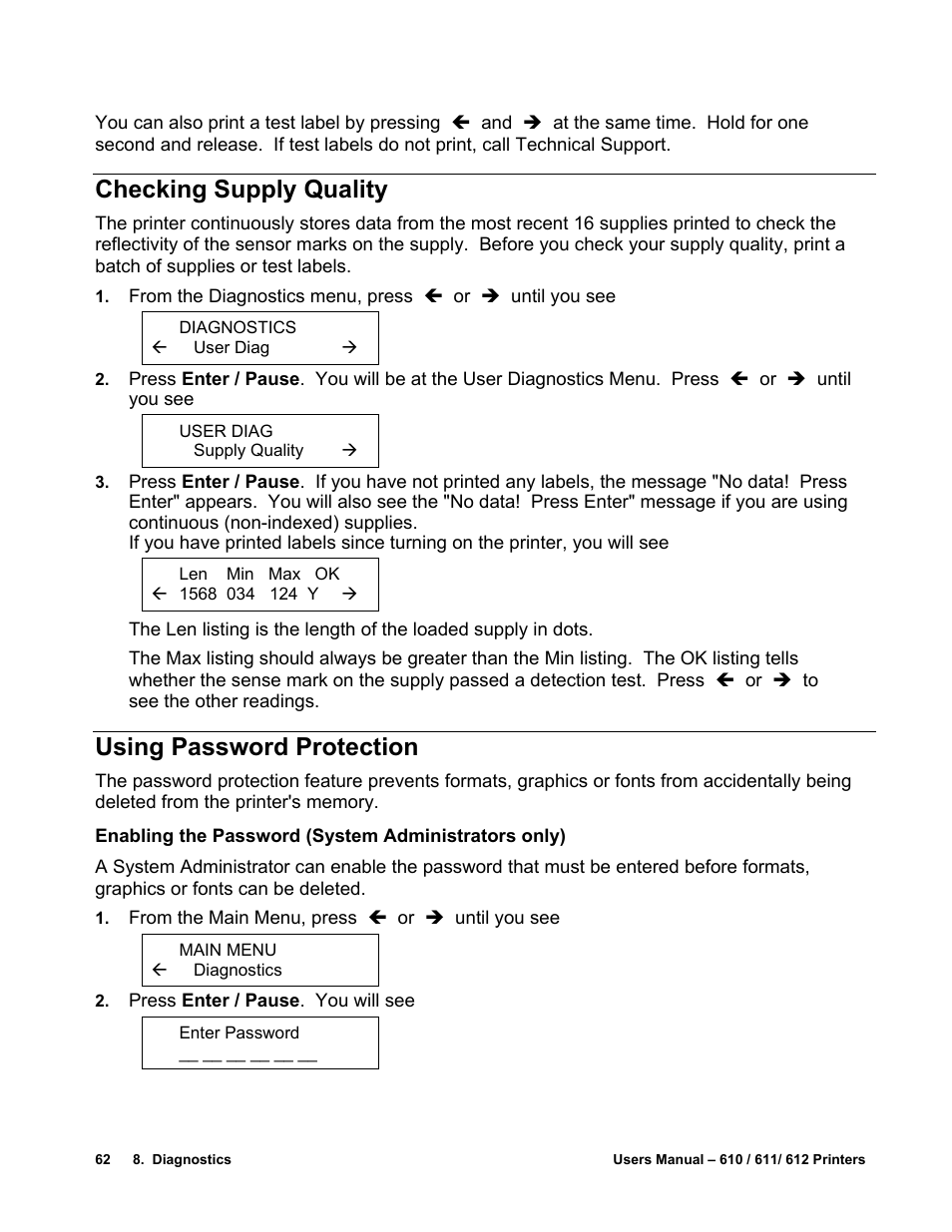 Checking supply quality, Using password protection | Avery Dennison SNAP 611 User Manual | Page 70 / 108
