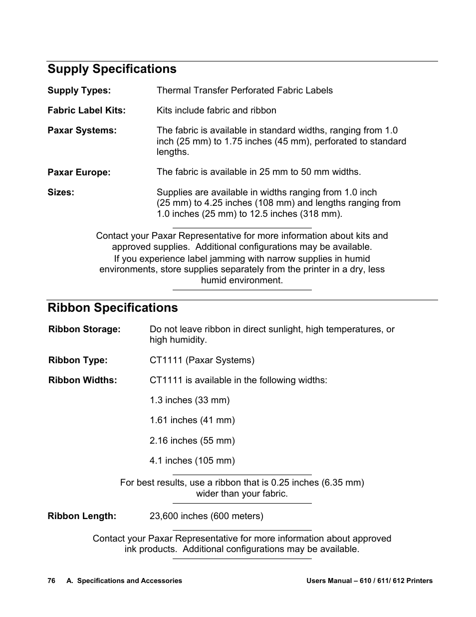 Supply specifications, Ribbon specifications | Avery Dennison SNAP 611 User Manual | Page 84 / 108