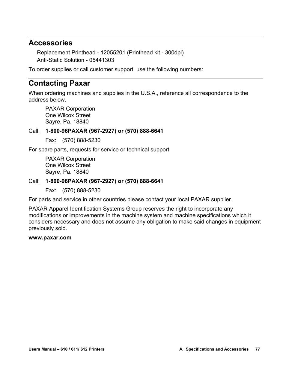 Accessories, Contacting paxar | Avery Dennison SNAP 611 User Manual | Page 85 / 108