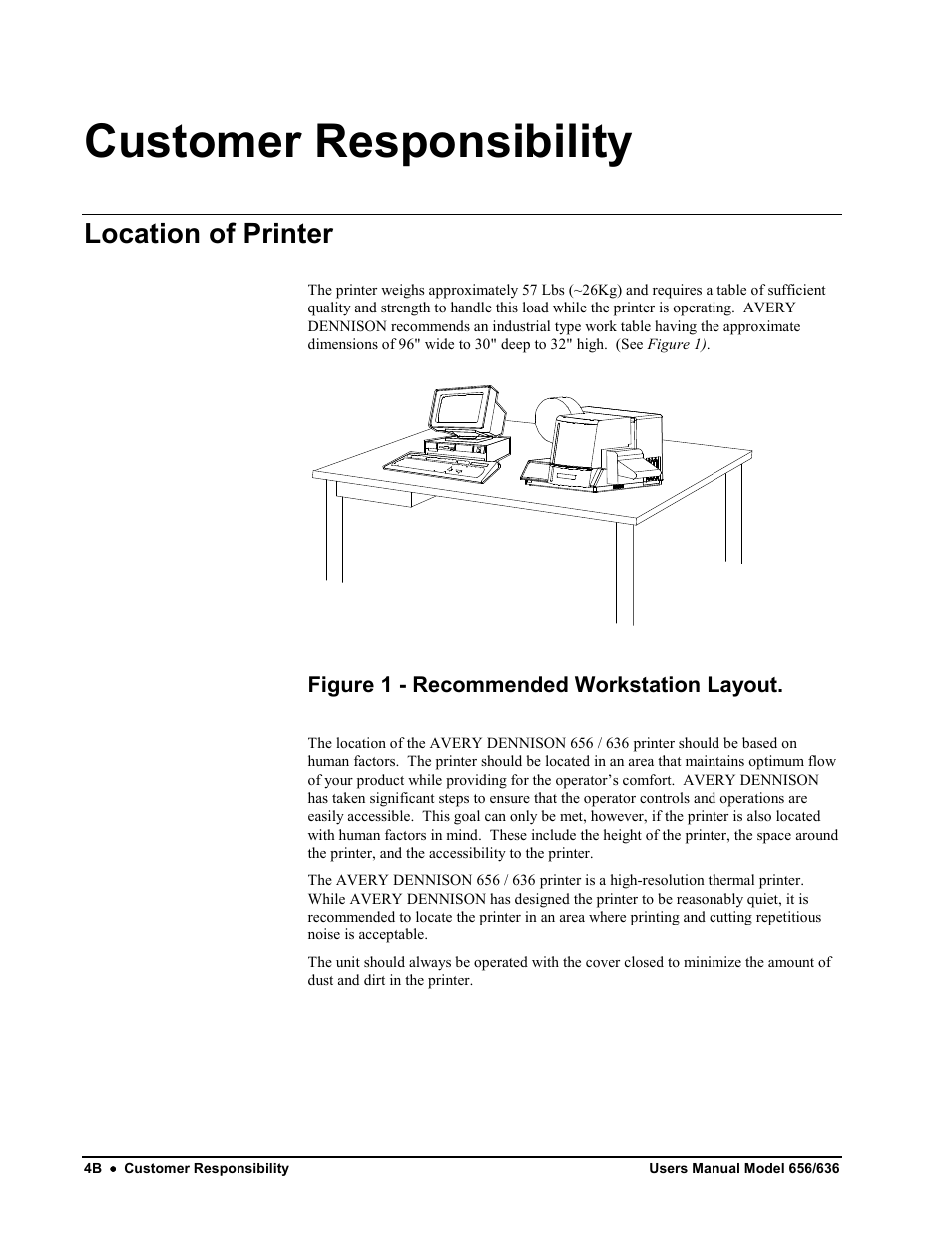 Customer responsibility, Location of printer, Figure 1 - recommended workstation layout | Avery Dennison SNAP 656 User Manual | Page 10 / 123