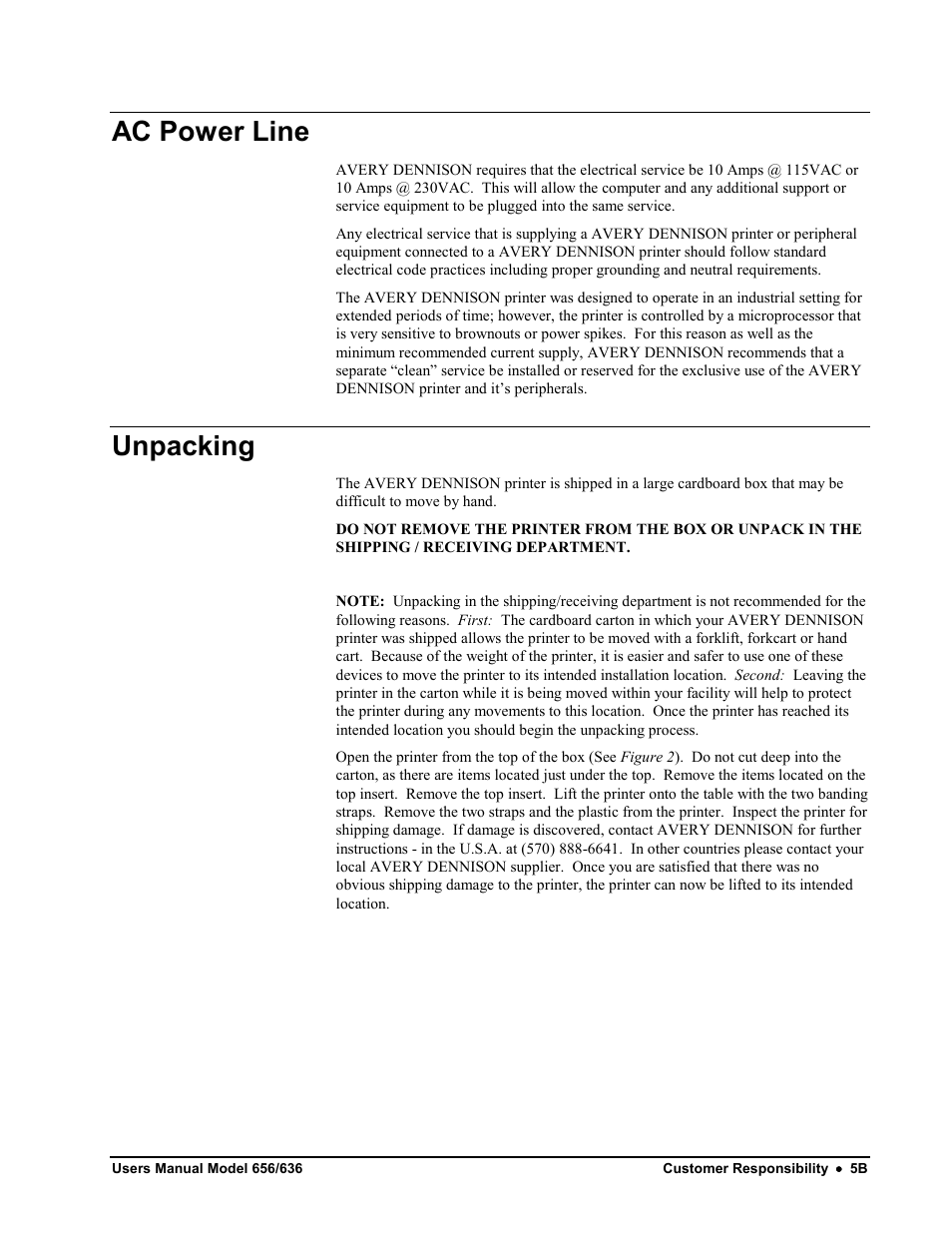 Ac power line, Unpacking | Avery Dennison SNAP 656 User Manual | Page 11 / 123