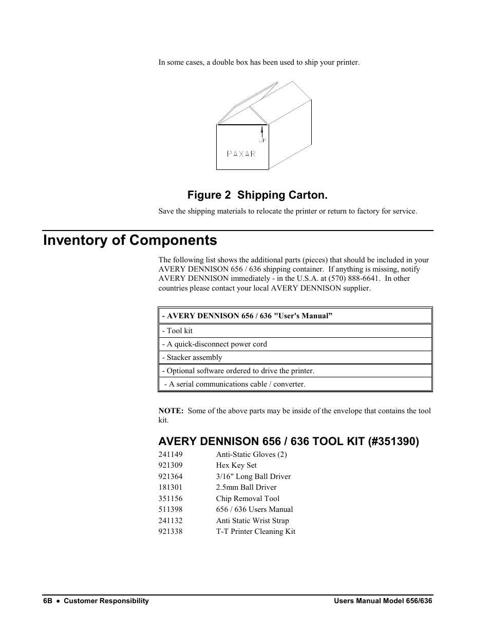 Inventory of components, Figure 2 shipping carton | Avery Dennison SNAP 656 User Manual | Page 12 / 123