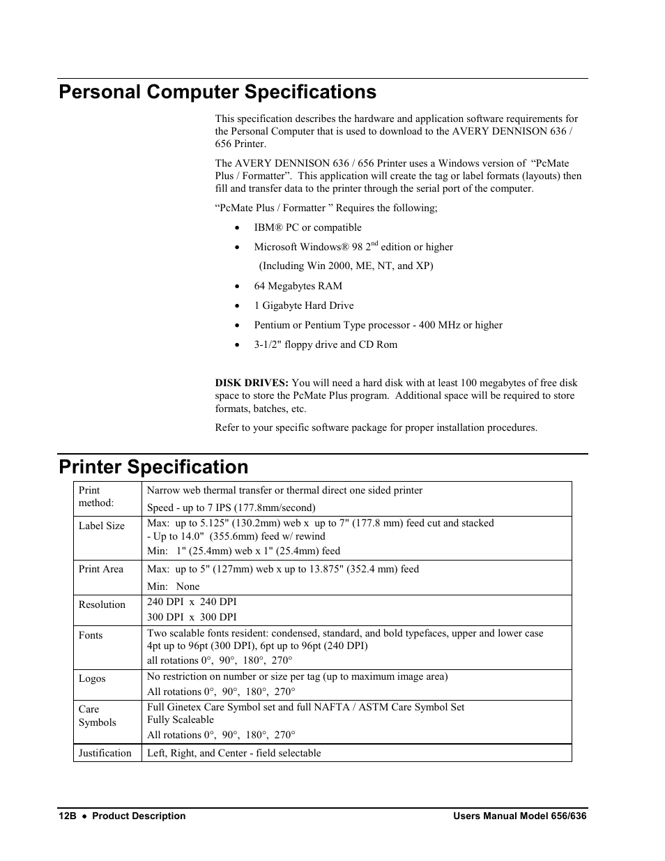 Personal computer specifications, Printer specification | Avery Dennison SNAP 656 User Manual | Page 18 / 123