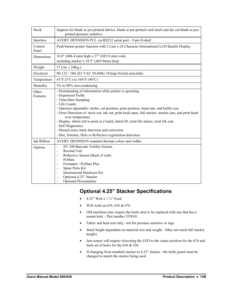 Optional 4.25” stacker specifications | Avery Dennison SNAP 656 User Manual | Page 19 / 123