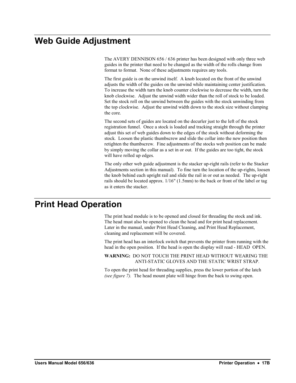 Web guide adjustment, Print head operation | Avery Dennison SNAP 656 User Manual | Page 23 / 123