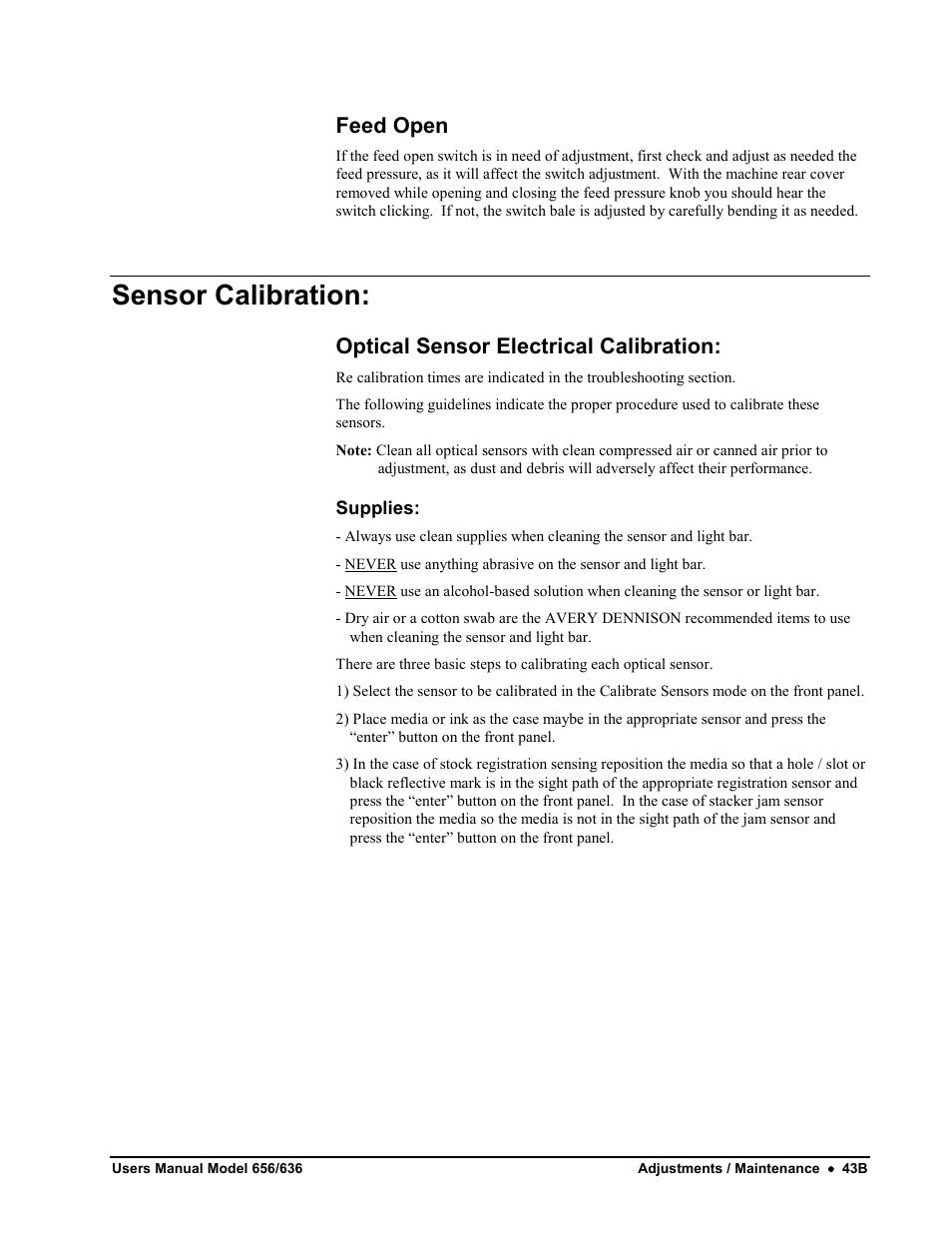 Sensor calibration, Feed open, Optical sensor electrical calibration | Avery Dennison SNAP 656 User Manual | Page 49 / 123