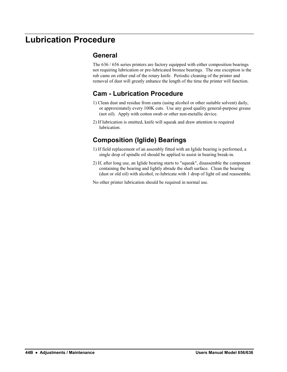 Lubrication procedure, General, Cam - lubrication procedure | Composition (iglide) bearings | Avery Dennison SNAP 656 User Manual | Page 50 / 123