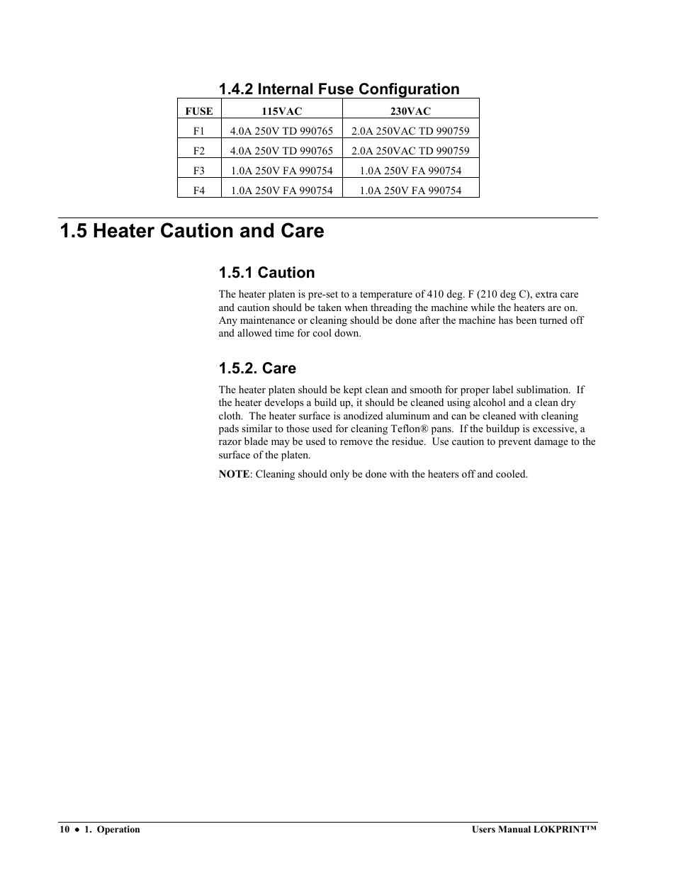 5 heater caution and care, 2 internal fuse configuration, 1 caution | Care | Avery Dennison LOKPRINT I User Manual | Page 10 / 35