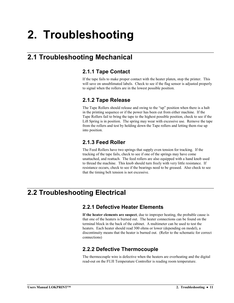 Troubleshooting, 1 troubleshooting mechanical, 2 troubleshooting electrical | Avery Dennison LOKPRINT I User Manual | Page 11 / 35