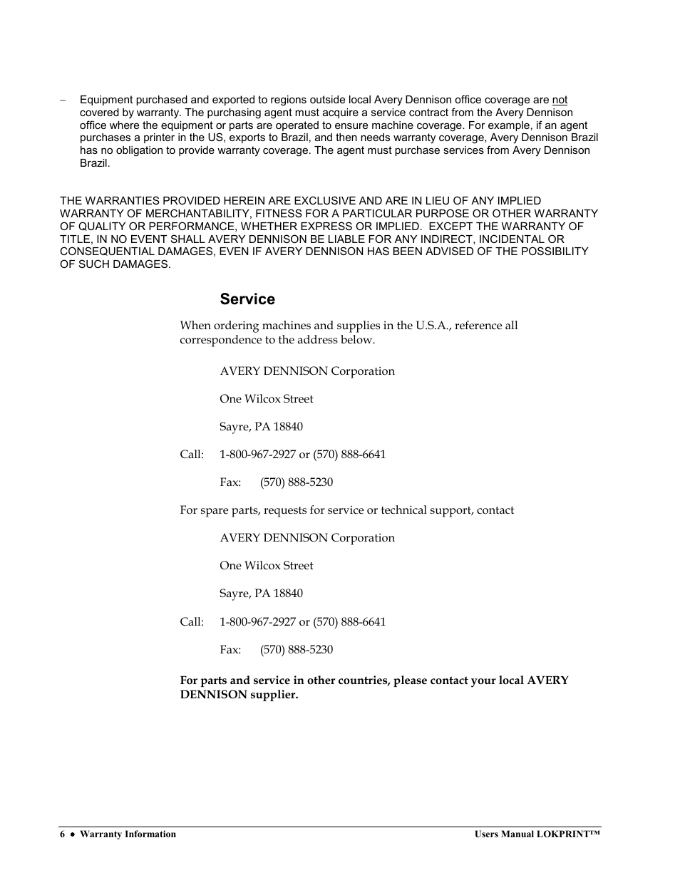 Service | Avery Dennison LOKPRINT I User Manual | Page 6 / 35