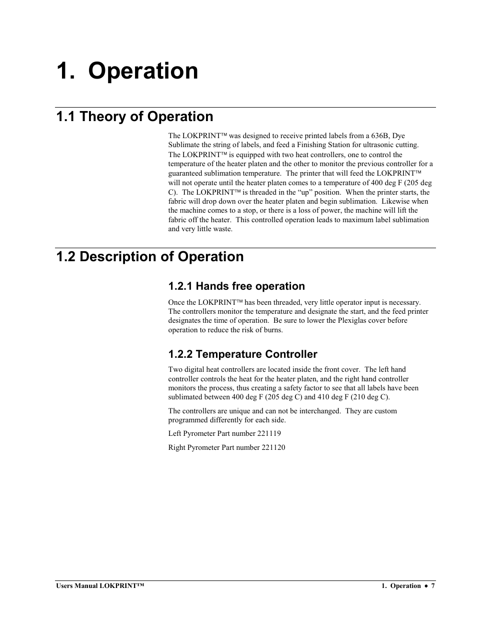 Operation, 1 theory of operation, 2 description of operation | Avery Dennison LOKPRINT I User Manual | Page 7 / 35