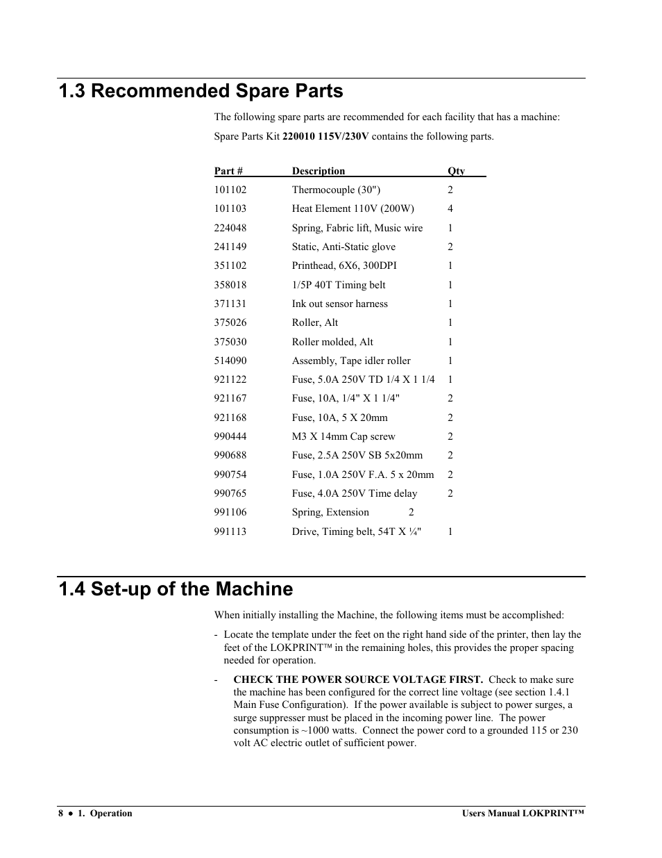 3 recommended spare parts, 4 set-up of the machine | Avery Dennison LOKPRINT I User Manual | Page 8 / 35