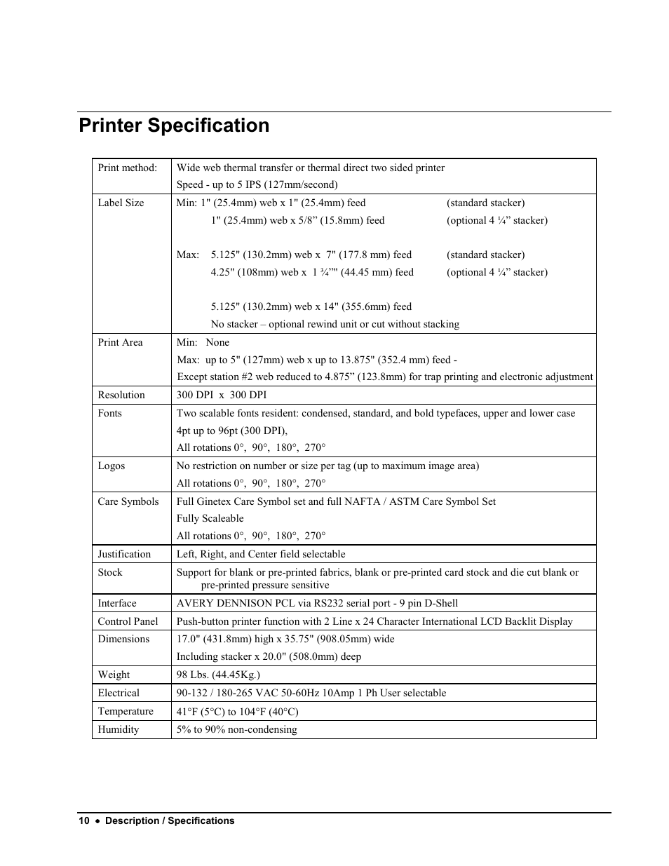 Printer specification | Avery Dennison 676 User Manual | Page 10 / 129